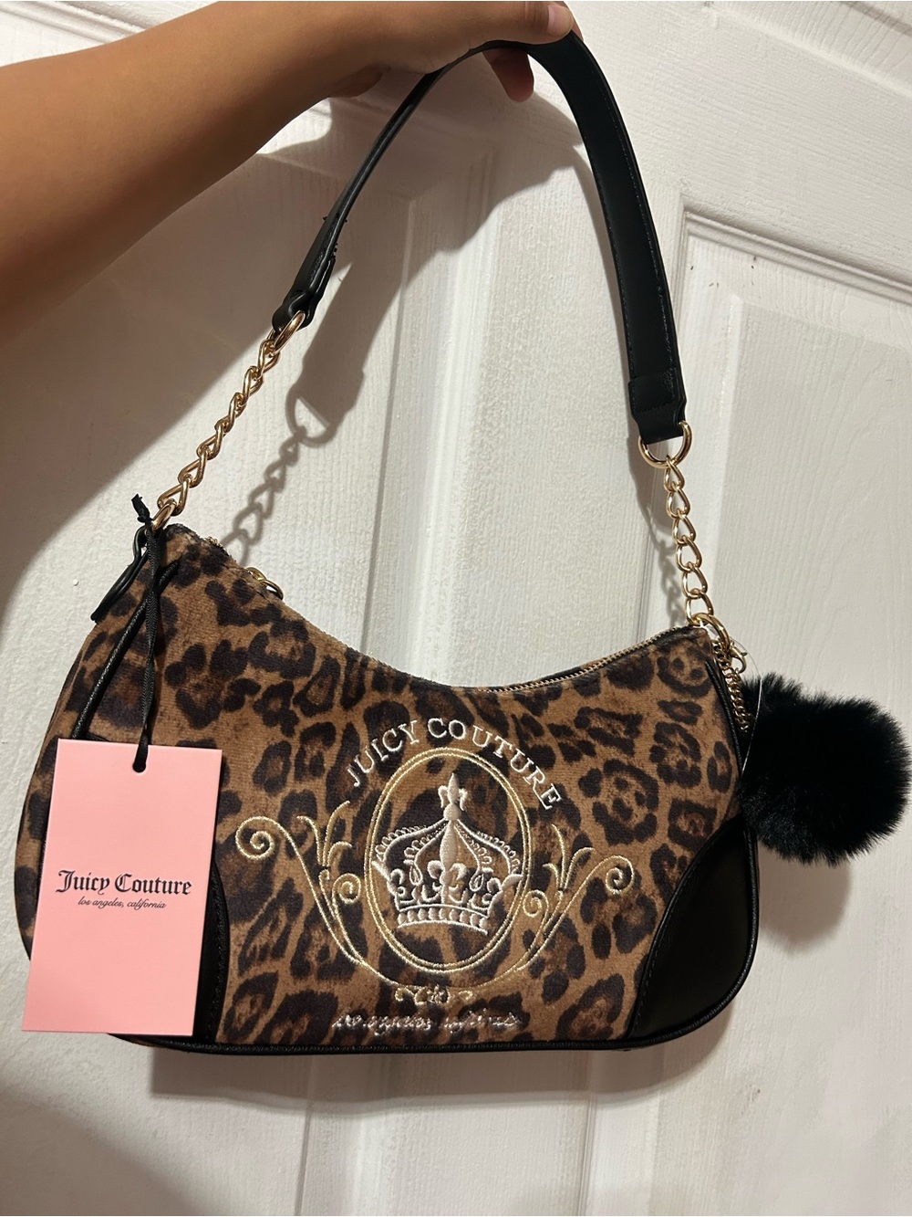 Juicy Couture Leopard-Print Shoulder Bag with Black Pom Pom